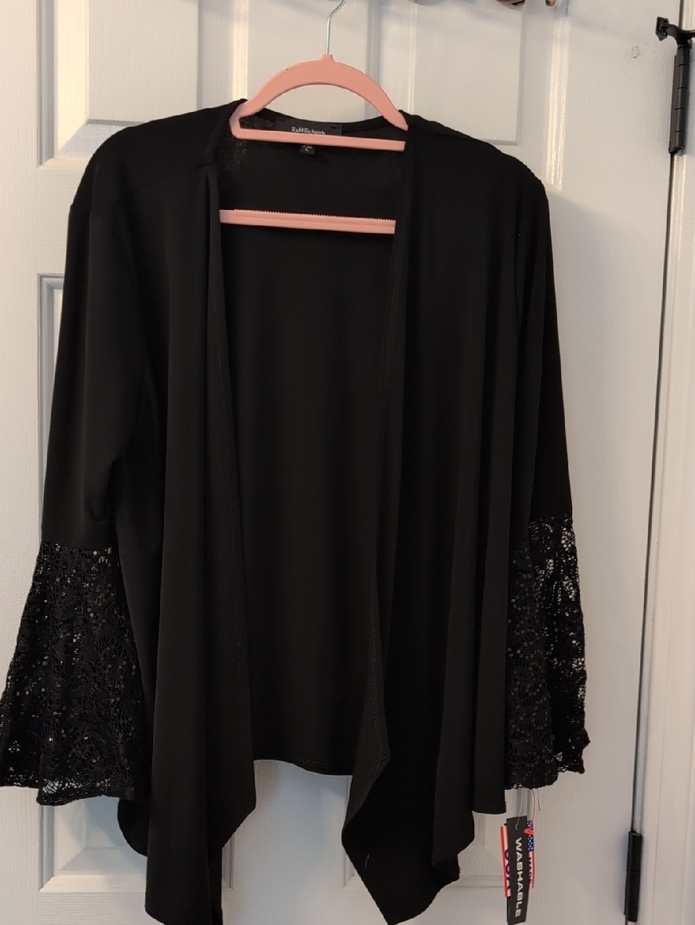 R&M Richards Black Cardigan with Lace Sequin Bell Sleeves